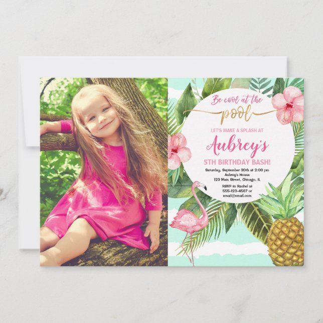 Pool party birthday, tropical pink teal gold photo invitation (Front)