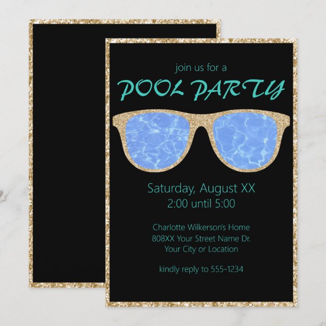 Pool Party Black and Gold Glitter Sunglasses Invitation (Front/Back)