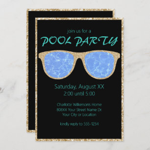 Pool Party Black and Gold Glitter Sunglasses Invitation