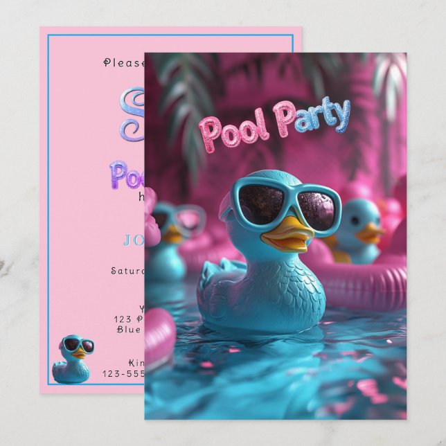 Pool Party Blue Rubber Duck Pink Blue Glitter Tex  Invitation (Front/Back)