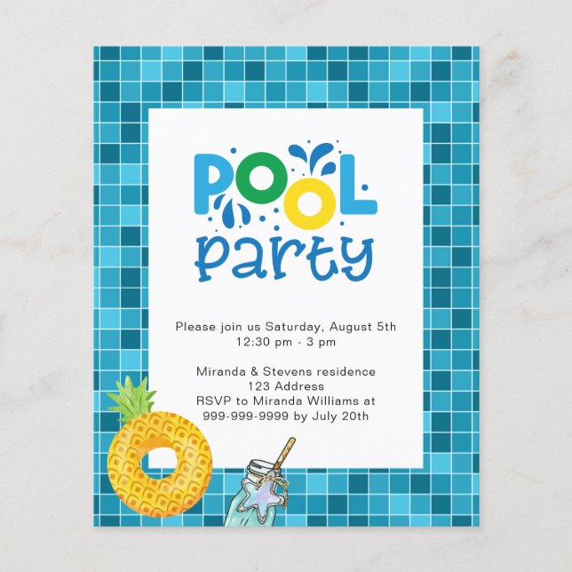 Pool party blue water budget invitation flyer (Front)