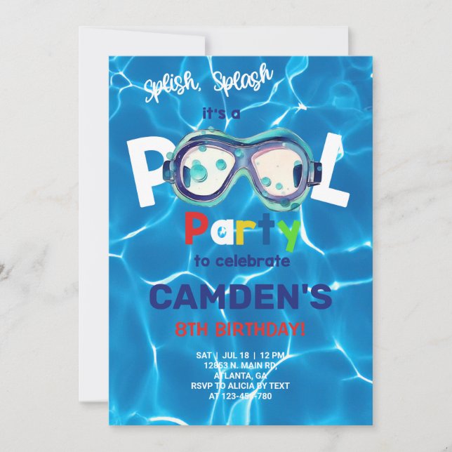 Pool party boy birthday invitation, goggles. invitation (Front)