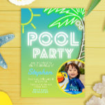 Pool Party Boy Birthday with Photo Invitation<br><div class="desc">Vibrant and lively invitation design that combines tropical elements with bold neon colours. It’s perfect for events like Pool Parties,  luau parties,  birthday celebrations,  or any occasion where you want to infuse a sense of fun and excitement</div>
