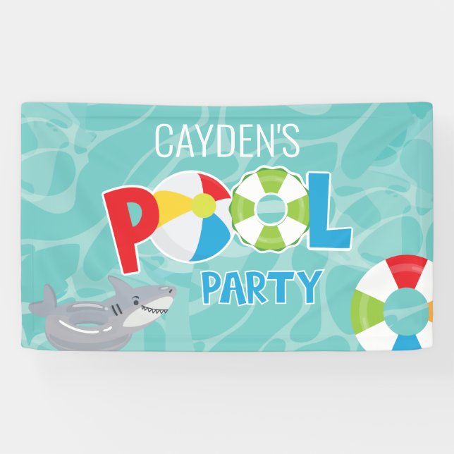 Pool Party boy shark birthday Banner (Horizontal)