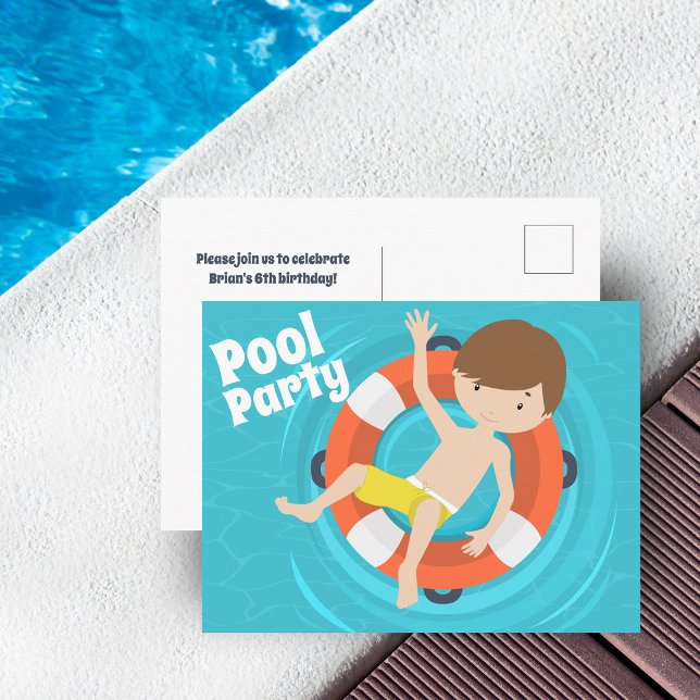Pool Party Boy Swimming Kids Birthday Invitation Postcard (Creator Uploaded)