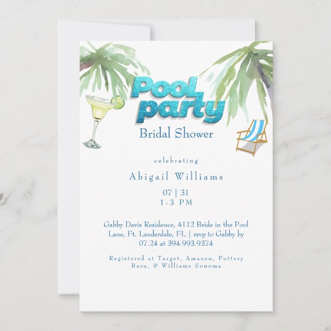 Pool Party Bridal Shower Margarita  Invitation (Front)