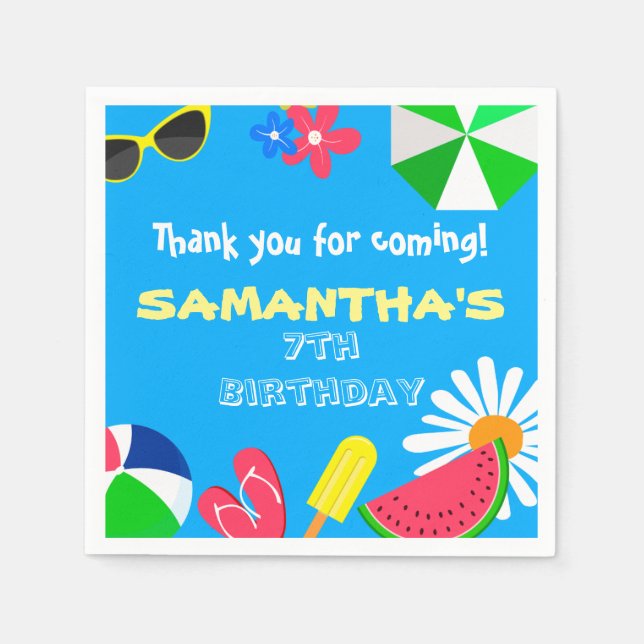 Pool Party Bright Blue Colour Summer Birthday Fun Napkin (Front)