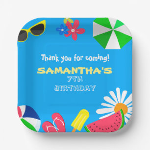 Pool Party Bright Blue Colour Summer Birthday Fun Paper Plate