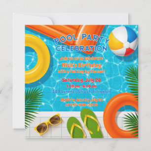 Pool Party Celebration Summer Birthday Invitation