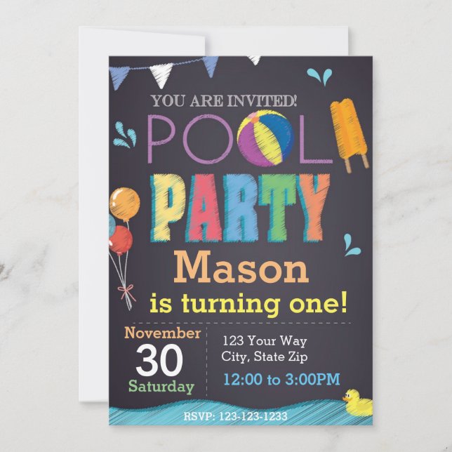 Pool Party Chalkboard Birthday Invitation (Front)
