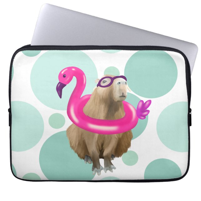 Pool Party Cute Capybara With Pink Flamingo Float Laptop Sleeve (Front)