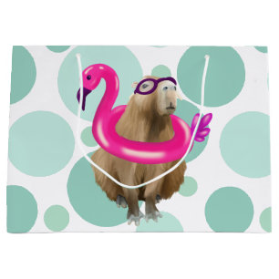 Pool Party Cute Capybara With Pink Flamingo Float Large Gift Bag