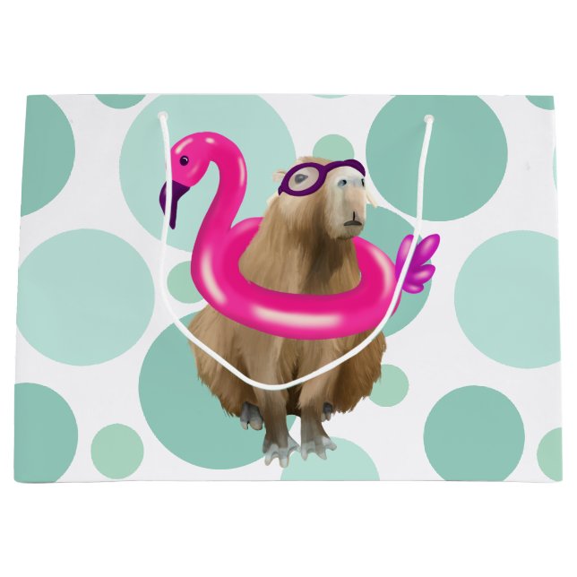 Pool Party Cute Capybara With Pink Flamingo Float Large Gift Bag (Front)
