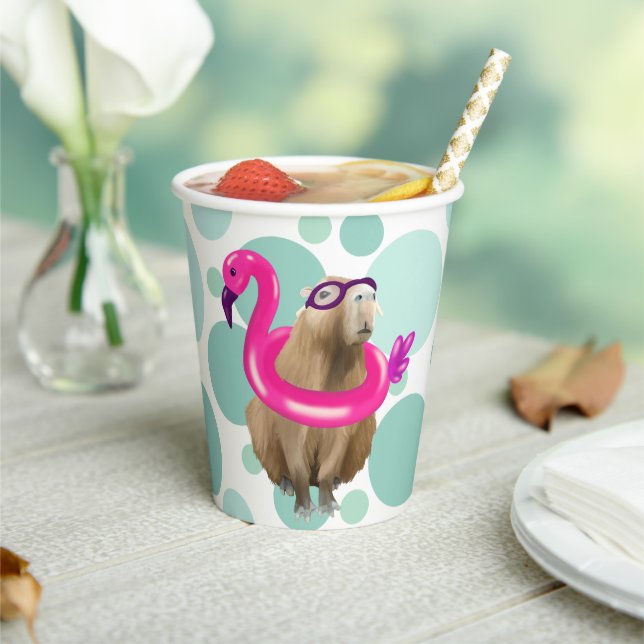 Pool Party Cute Capybara With Pink Flamingo Float Paper Cups (Insitu)