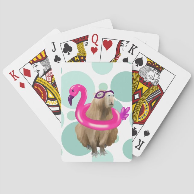 Pool Party Cute Capybara With Pink Flamingo Float Playing Cards (Back)