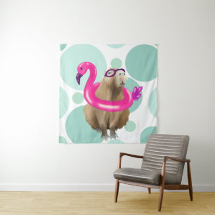 Pool Party Cute Capybara With Pink Flamingo Float Tapestry