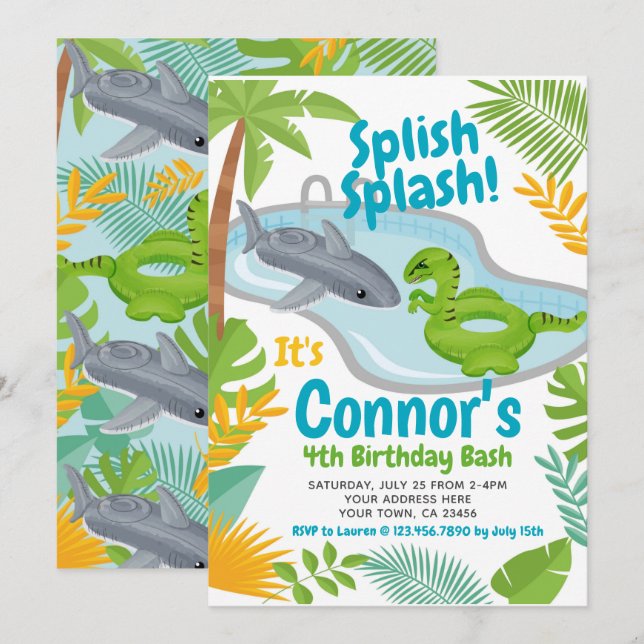 Pool Party Dinosaur and Shark Birthday Invitation (Front/Back)