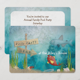 Pool Party-fish in ocean with wooden sign Invitation