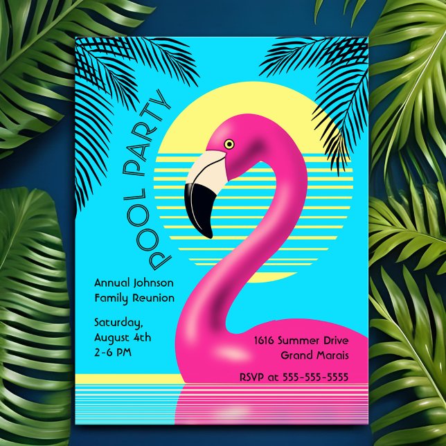 Pool Party Flamingo Float Retro Summer Tropical Invitation Postcard (Tropical flamingo summer family reunion invitation)