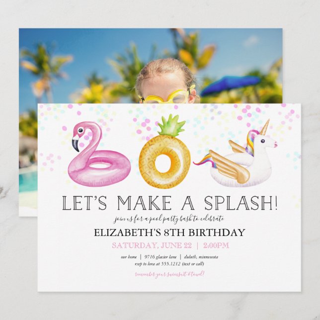 Pool Party Floatie Birthday Photo Invitation (Front/Back)