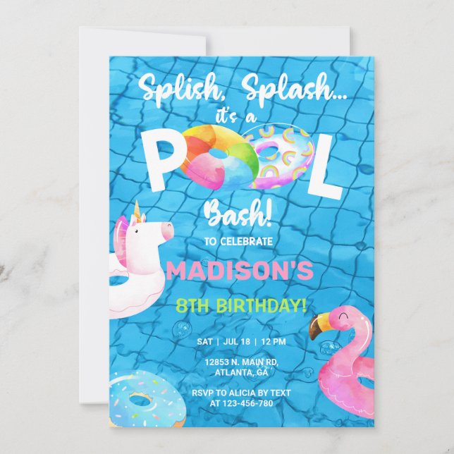 Pool party & floaties birthday invitation, girl. invitation (Front)