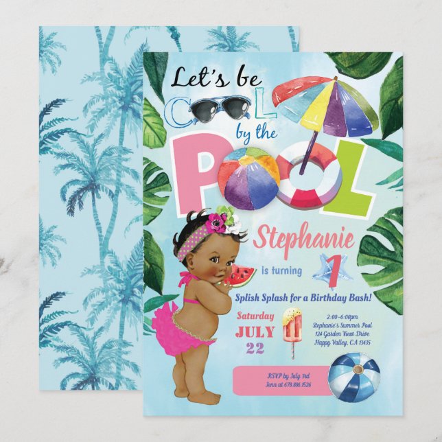 Pool party girl 1st birthday tropical summer invitation (Front/Back)