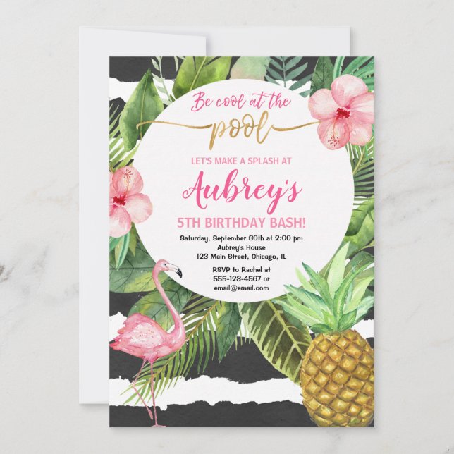 Pool party girl birthday, flamingo tropical invitation (Front)