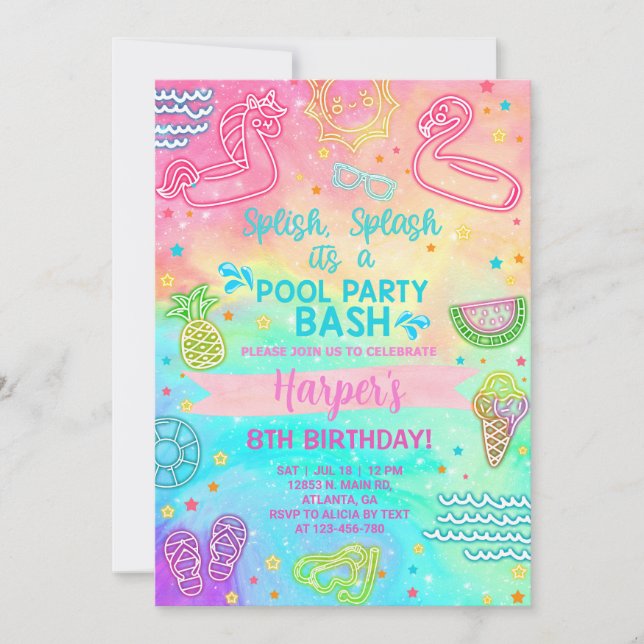 Pool party girl birthday invitation, pool bash. invitation (Front)
