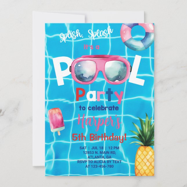 Pool party girl birthday invitation, pool goggles. invitation (Front)