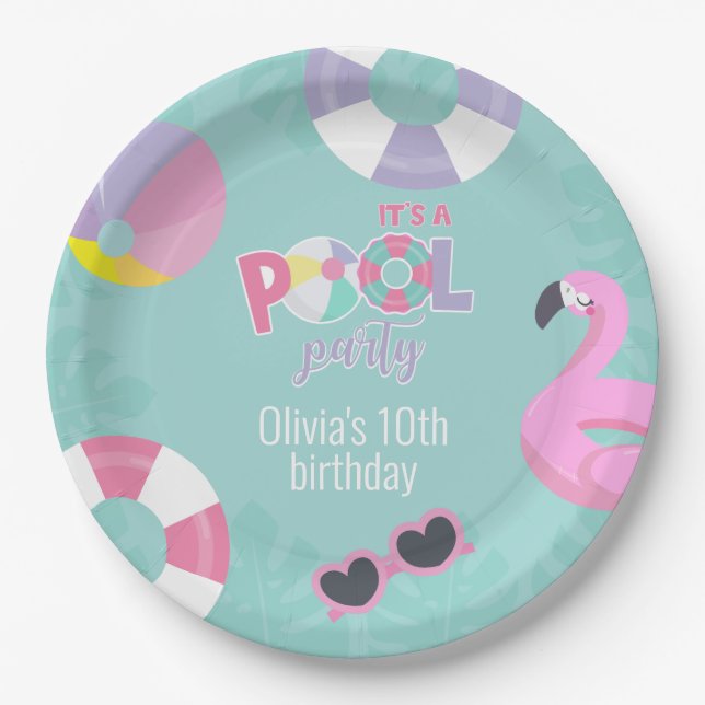 Pool party Girl Birthday Paper Plate (Front)