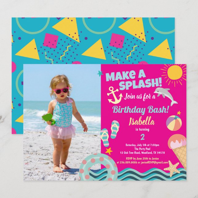 Pool party girl birthday photo invitation pink (Front/Back)