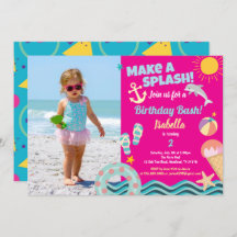 Pool party girl birthday photo invitation pink