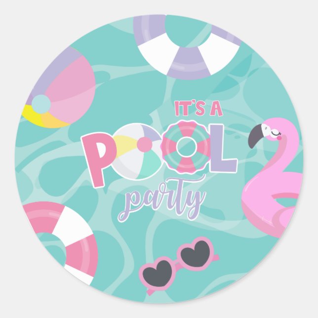 Pool party Girl Pink and Purple Birthday  Classic Round Sticker (Front)