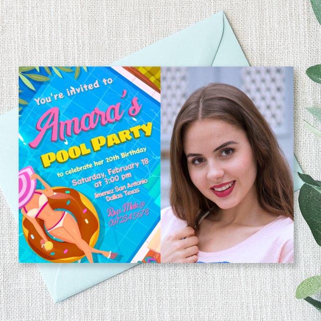 Pool Party - Girl with Photo Invitation (Pool Party Landscape Invitation with Photo)