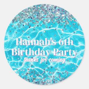 Pool Party Glitter Birthday Favor Classic Round Sticker