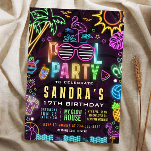 Pool Party Glow 17th Birthday Editable Invitation