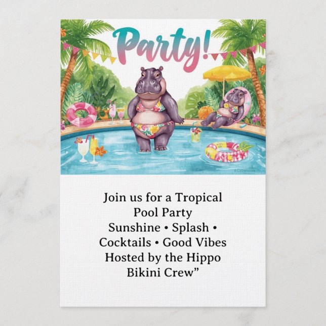 Pool party Hippo Bikini Tropical themed  Invitation (Front)