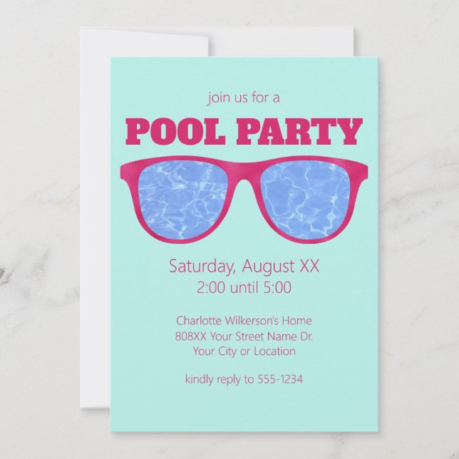 Pool Party Hot Pink Sunglasses on Turquoise Invitation (Front)