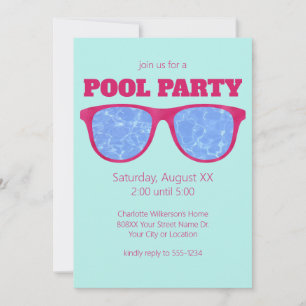 Pool Party Hot Pink Sunglasses on Turquoise Invitation