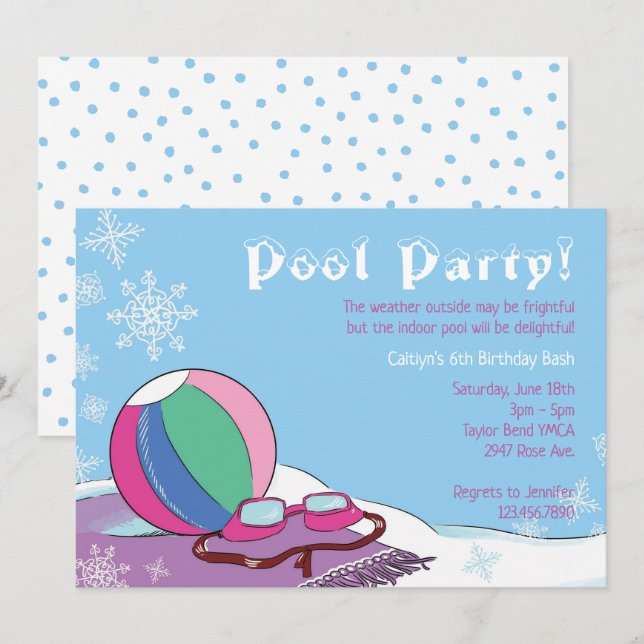 Pool Party in Winter Girls Indoor Snowy Swimming  Invitation (Front/Back)