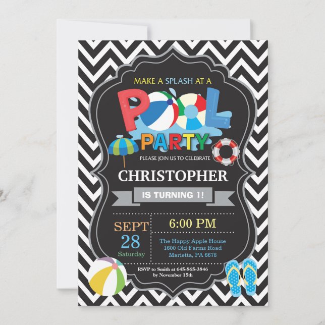 Pool Party Invitation Black Splish Splash Boy (Front)