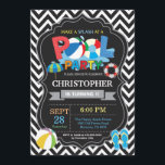 Pool Party Invitation Black Splish Splash Boy<br><div class="desc">Pool Party Invitation. Summer Splish Splash. Boy Birthday Party Invite. Beach Ball. Swimming. Swimsuit. Birthday Bash. Black Chevron. Chalkboard Background. 1st First Birthday. Any Age. Printable Digital. For further customisation,  please click the "Customise it" button and use our design tool to modify this template.</div>