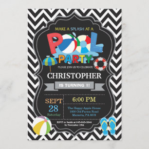 Pool Party Invitation Black Splish Splash Boy