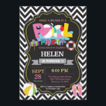 Pool Party Invitation Black Splish Splash Girl<br><div class="desc">Pool Party Invitation. Summer Splish Splash. Girl Birthday Party Invite. Beach Ball. Swimming. Swimsuit. Birthday Bash. Black and White Chevron. Chalkboard Background. 1st First Birthday. Any Age. Printable Digital. For further customisation,  please click the "Customise it" button and use our design tool to modify this template.</div>