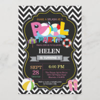 Pool Party Invitation Black Splish Splash Girl