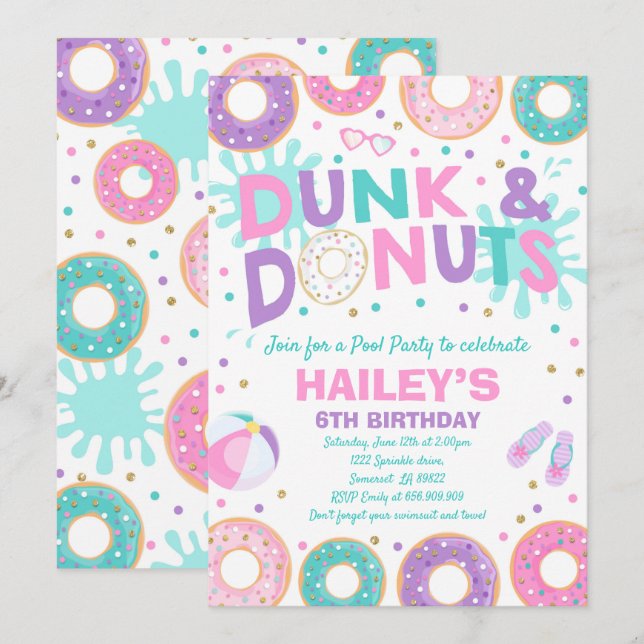 Pool Party Invitation Dunk And Doughnuts Pool Part (Front/Back)