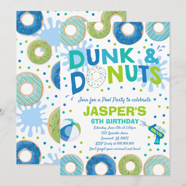 Pool Party Invitation Dunk And Doughnuts Pool Part (Front/Back)