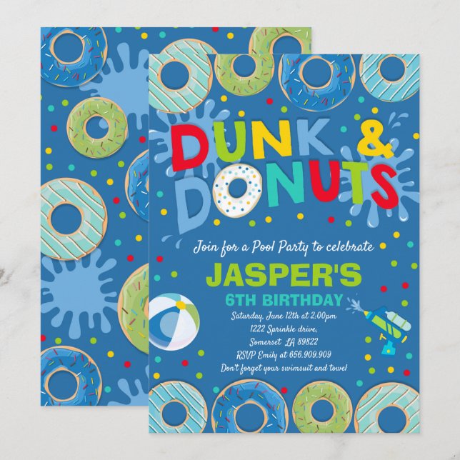 Pool Party Invitation Dunk And Doughnuts Pool Part (Front/Back)