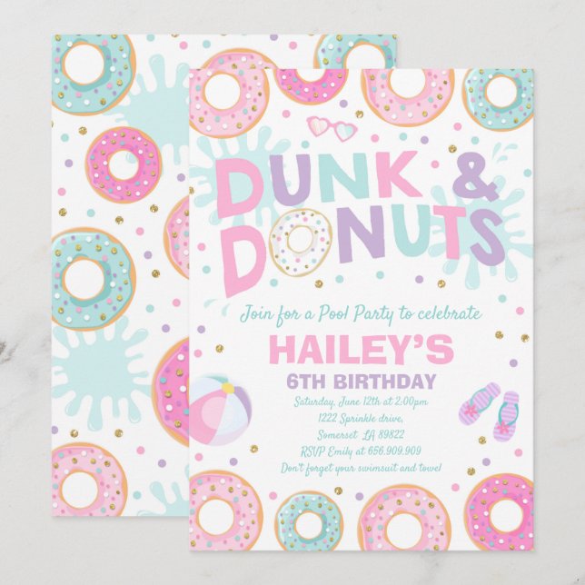 Pool Party Invitation Dunk And Doughnuts Pool Part (Front/Back)
