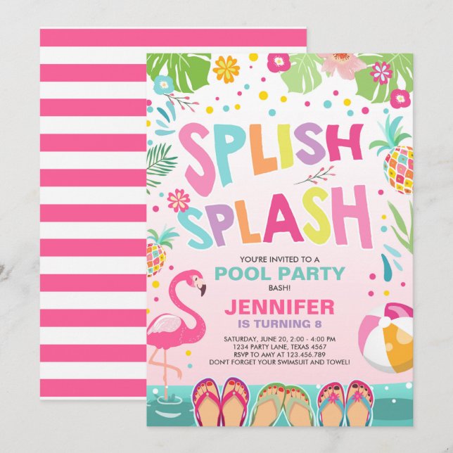 Pool party invitation Flamingo Tropical Pineapple (Front/Back)